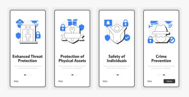 Ekranda fiziksel güvenlik araçlarının faydaları. UX UI illüstrasyonunu kaybetme riskini azaltmak. Mavi aksanlı düz çizgili taslak simgeler. Informa Pro Bold, Montserrat Light yazı tipleri kullanıldı