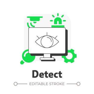 Tehditleri algıla düz çizgi konsept ikonu. Fiziksel güvenlik ekosistemi. Riskleri tanımla. Savunmanın ilk hattı. Yeşil kabartmalı modern çizgi çizimi. Kavramsal görsel. Düzenlemesi kolay