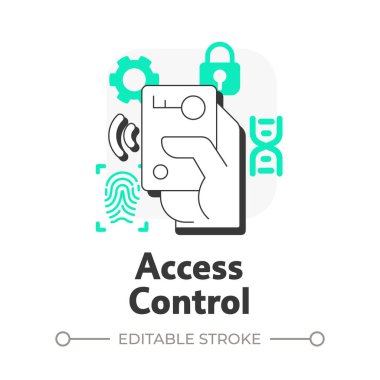 Erişim kontrolü düz hatlı konsept simgesi. Fiziksel güvenlik sisteminin bileşeni. Tesis, çıkış yönetimine giriyor. Yeşil kabartmalı modern çizgi çizimi. Kavramsal görsel. Düzenlemesi kolay