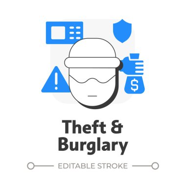 Hırsızlık ve hırsızlık konsept ikonu. Fiziksel güvenlik tehdidi ve risk. Kişisel eşyaların yasadışı olarak alınması. Mavi kabartmalı modern çizgi çizimi. Kavramsal görsel. Düzenlemesi kolay