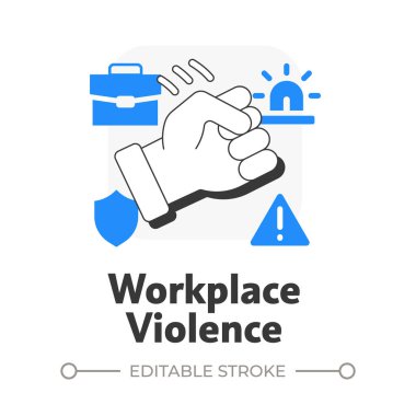 İşyeri şiddeti düz ana hatlı konsept ikonu. Fiziksel güvenlik tehdidi ve risk. Malzeme ve malzemeler zarar görmüş. Mavi kabartmalı modern çizgi çizimi. Kavramsal görsel. Düzenlemesi kolay