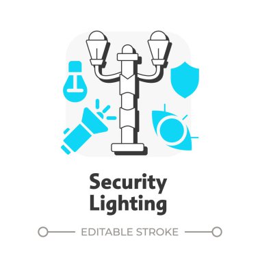 Güvenlik ışıklandırması düz çizgi konsept ikonu. Fiziksel koruma denetim bileşeni. Bölgede görünürlüğü arttır. Mavi kabartmalı modern çizgi çizimi. Kavramsal görsel. Düzenlemesi kolay