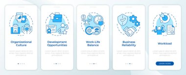 Mobil uygulama ekranında iş memnuniyeti anahtar faktörleri mavi. Doğrusal kavramlarla düzenlenebilir grafik yönergelerini 5 adımda gezdir. UI, UX, GUI. Montserrat Yarı Kalın, Düzenli yazı tipleri