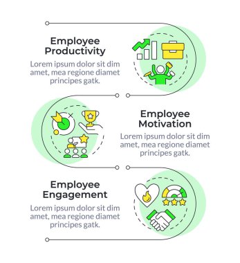 Çalışan memnuniyeti, dikey bilgi dizisi. İş hedefi. Takım çalışması, toplantı. 3 adımlı görselleştirme bilgi tablosu. Daireler iş akışı. Montserrat Yarı Kalın, Lato Düzenli yazı tipleri