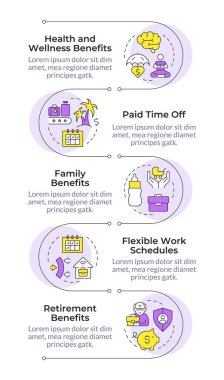 Şirket çalışanları dikey bilgi dizisinden faydalanır. Emeklilik planı, tasarruf. 5 adımlı görselleştirme bilgi tablosu. Daireler iş akışı. Montserrat Yarı Kalın, Lato Düzenli yazı tipleri