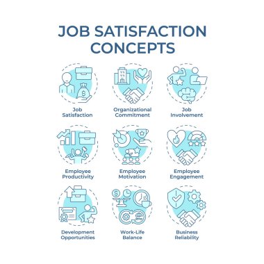 İş tatmini, yumuşak mavi konsept simgeleri. İş akışı organizasyonu. Çalışanların motivasyonu, verimliliği. Simge paketi. Vektör görüntüleri. Makale için yuvarlak şekilli çizimler, blog yazıları. Soyut fikir