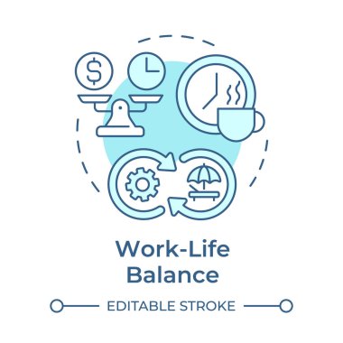 Çalışma hayatı, yumuşak mavi konsept simgesini dengeler. Sağlıklı sağlık, akıl sağlığı. Çalışan verimliliği. Yuvarlak şekil çizimi. Soyut bir fikir. Grafik tasarımı. Makalede kullanması kolay, günlük paylaşımı