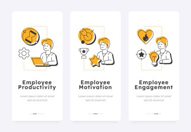 İş memnuniyeti ekranlarda mobil uygulamadan faydalanıyor. Çalışanların motivasyonu, verimliliği. İş akışı performansı. Düz UI UX tasarımı, taslak simgeli turuncu renklendirme. Kullanılan Lexend yazı tipi
