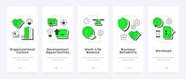İş memnuniyeti anahtar sürücüler mobil uygulama ekranlarda. İş güvenilirliği. Kariyer geliştirme. Düz UI UX tasarımı, taslak simgeli yeşil ışıklandırma kavramsal. Kullanılan Lexend yazı tipi