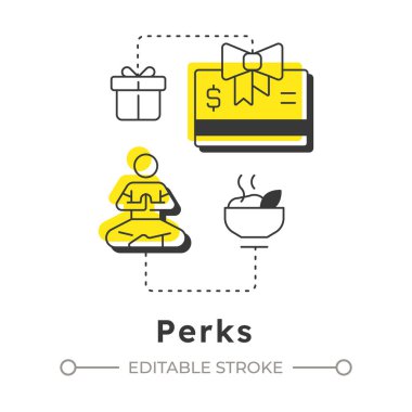 Perks modern linear concept icon. Payment benefits, salary. Meditation, relaxation. Wellness programs. Flat outline elements connected with dotted lines. Creative visual. Easy to edit