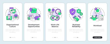 Mobil uygulama ekranında iş memnuniyeti anahtar sürücüler. Doğrusal kavramlarla düzenlenebilir grafik yönergelerini 5 adımda gezdir. UI, UX, GUI. Montserrat Yarı Kalın, Düzenli yazı tipleri