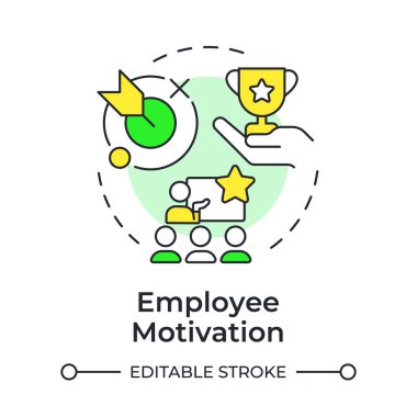 Çalışan motivasyonu çok renkli konsept simgesi. Hedef gol. Başarı, kilometre taşı. Toplantı, takım çalışması. Yuvarlak şekil çizimi. Soyut bir fikir. Grafik tasarımı. Makalede kullanması kolay, günlük paylaşımı