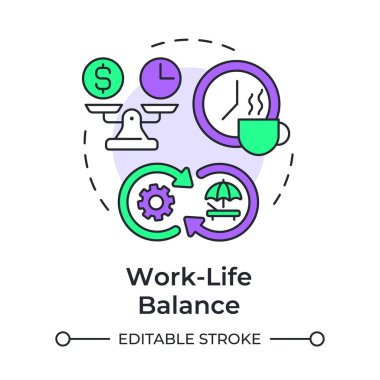 Çalışma hayatı çok renkli konsept simgesini dengeler. Sağlıklı sağlık, akıl sağlığı. Çalışan verimliliği. Yuvarlak şekil çizimi. Soyut bir fikir. Grafik tasarımı. Makalede kullanması kolay, günlük paylaşımı