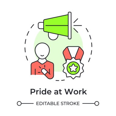 İş yerindeki gurur çok renkli konsept ikonu. Başarı, promosyon. İşyeri kültürü, çalışan. Yuvarlak şekil çizimi. Soyut bir fikir. Grafik tasarımı. Makalede kullanması kolay, günlük paylaşımı