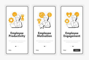 Ekranda iş memnuniyeti taşınabilir ekrandan yararlanır. Çalışanların motivasyonu. UX UI illüstrasyonu. Turuncu aksanlı düz taslak simgeler. Informa Pro Bold, Montserrat Light yazı tipleri kullanıldı