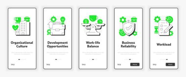İş memnuniyeti ana sürücüler ekranda seyyar. İş yükü yönetimi. UX UI illüstrasyonu. Yeşil aksanlı düz çizgili taslak simgeler. Informa Pro Bold, Montserrat Light yazı tipleri kullanıldı