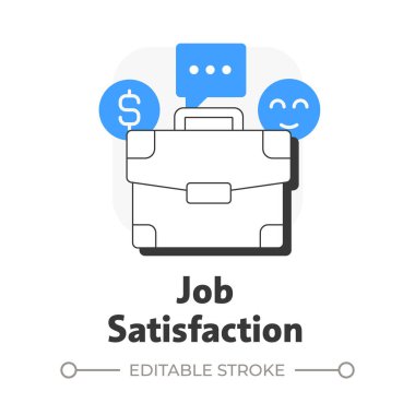 İş memnuniyeti düz ana hatlı konsept ikonu. İş çantası. Para ödeme, maaş. Şirket çalışanı, işçi. Mavi kabartmalı modern çizgi çizimi. Kavramsal görsel. Düzenlemesi kolay