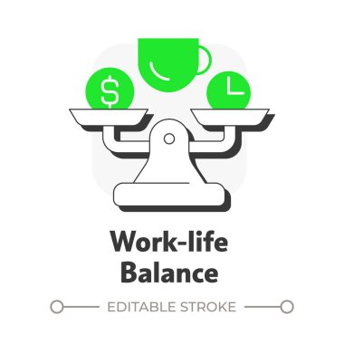 Çalışma hayatı düz hatlı konsept ikonu. Sağlıklı sağlık, akıl sağlığı. Çalışan verimliliği. Zaman yönetimi. Yeşil kabartmalı modern çizgi çizimi. Kavramsal görsel. Düzenlemesi kolay