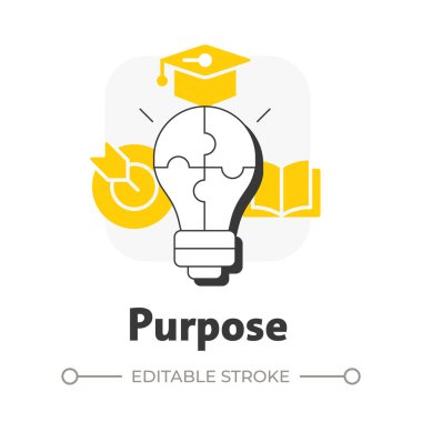 Düz çizgi konsept simgesini amaçla. Mesleki bilgi, eğitim. Takım çalışması, iletişim. Sorun çözme. Sarı kabartmalı modern çizgi çizimi. Kavramsal görsel. Düzenlemesi kolay