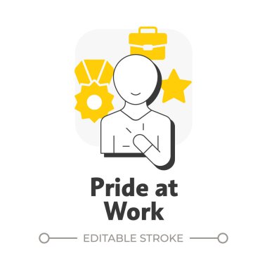 İş yerindeki gurur düz ana hatlı konsept ikonu. Başarı, promosyon. İşyeri kültürü, çalışan. Kariyer gelişimi. Sarı kabartmalı modern çizgi çizimi. Kavramsal görsel. Düzenlemesi kolay