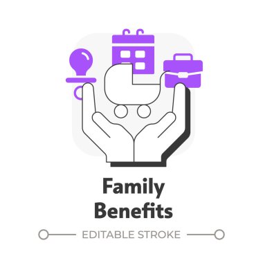 Family benefits flat outline concept icon. Child care assistance. Employees perks. Company support, assistance. Modern line illustration with purple glyphs. Conceptual visual. Easy to edit