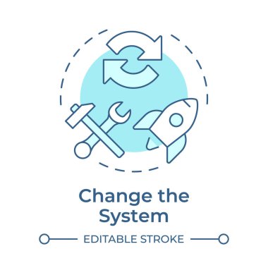 Sistem yumuşak mavi konsept simgesini değiştir. Aktif geçiş evresi. Lewin değişim yönetim modeli. İş geliştirme. Yuvarlak şekil çizimi. Soyut bir fikir. Grafik tasarımı. Kullanımı kolay