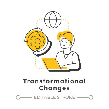 Dönüşüm modern doğrusal konsept simgesini değiştirir. Şirkette derin, radikal değişimler. Organizasyon vardiyası. Noktalı çizgilerle birleştirilmiş düz ana hatlar. Yaratıcı görsel. Düzenlemesi kolay