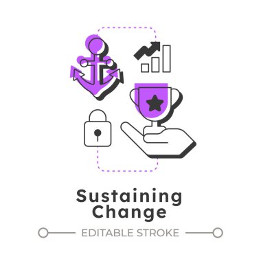 Modern doğrusal konsept ikonu sürdürülüyor. Kurumsal kültür gömülüyor. Organizasyonel dönüşümün aşaması. Noktalı çizgilerle birleştirilmiş düz ana hatlar. Yaratıcı görsel. Düzenlemesi kolay