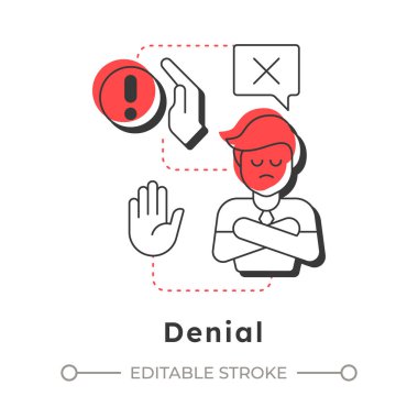 Modern doğrusal konsept ikonunu reddet. Değişime ilk tepki. İnanmayı ve kabul etmeyi reddet. Yas tutmanın beş aşaması. Noktalı çizgilerle birleştirilmiş düz ana hatlar. Yaratıcı görsel. Düzenlemesi kolay