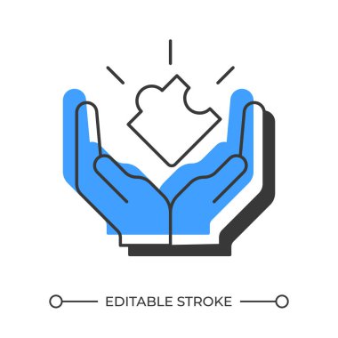 Yapboz parçasının gölge çizgi simgesi tutuluyor. Problem çözümü. Yaratıcılık fikri, yapboz. Oyun, dikkat. Katı mavi dolgulu kalın ana hatlı sembol. Modern düz çizim. Düzenlenebilir vuruş