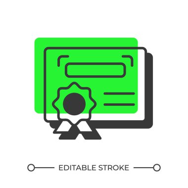 Sertifikalı gölge çizgi simgesi. Mezuniyet diploması, belge. Başarı, başarı. Kazanan kağıt. Katı yeşil dolgulu kalın ana hatlı sembol. Modern düz çizim. Düzenlenebilir vuruş