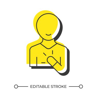 Konuşan kişi gölge çizgisi simgesini dengeledi. Kendini tanıtma. Profesyonel konuşmacı. Akıl sağlığı. Koyu sarı dolgulu kalın ana hatlı sembol. Modern düz çizim. Düzenlenebilir vuruş