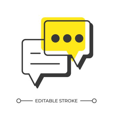 Sohbet baloncukları gölge çizgi simgesini dengeliyor. İletişim yazılımı, konuşma. Mesajlar, tartışmalar. Koyu sarı dolgulu kalın ana hatlı sembol. Modern düz çizim. Düzenlenebilir vuruş
