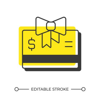Hediye kartı gölge çizgi simgesini dengeledi. Mali ikramiye, kredi. Banka, muhasebe. Ticaret, ekonomi gibi. Koyu sarı dolgulu kalın ana hatlı sembol. Modern düz çizim. Düzenlenebilir vuruş