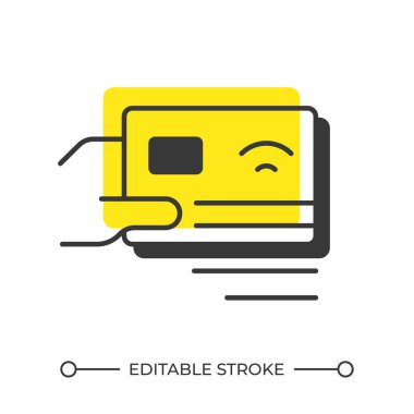 Kart ödemesi gölge çizgisi simgesini dengeledi. Satın alma, alışveriş. Dijital bankacılık, modern teknoloji. Koyu sarı dolgulu kalın ana hatlı sembol. Modern düz çizim. Düzenlenebilir vuruş