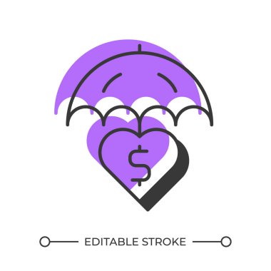 Sağlık sigortası gölge çizgisi simgesini dengeledi. İş koruması, şirket güvenliği. Maliyet, şemsiye. Koyu mor dolgulu kalın ana hatlı sembol. Modern düz çizim. Düzenlenebilir vuruş