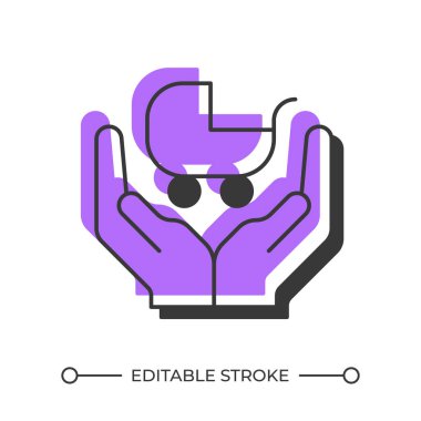 Bebek arabası bakımı gölge çizgisi simgesini dengeledi. Aile yararları. Sorumluluk, destek. Annelik, annelik. Koyu mor dolgulu kalın ana hatlı sembol. Modern düz çizim. Düzenlenebilir vuruş