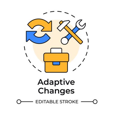 Uyarlamalı, çok renkli konsept simgesini değiştirir. Küçük, kademeli ayarlamalar. Organizasyonel dönüşüm tipi. Yuvarlak şekil çizimi. Soyut bir fikir. Grafik tasarımı. Kullanımı kolay