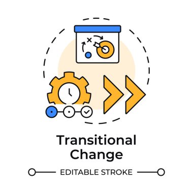 Geçiş değişimi çok renkli konsept simgesi. Yeni iş durumunu sürdürüyor. Organizasyonel dönüşüm tipi. Yuvarlak şekil çizimi. Soyut bir fikir. Grafik tasarımı. Kullanımı kolay