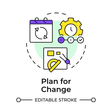Çok renkli konsept simgesini değiştirme planı. İş geliştirme stratejisi oluşturun. Organizasyonel dönüşümün aşaması. Yuvarlak şekil çizimi. Soyut bir fikir. Grafik tasarımı. Kullanımı kolay