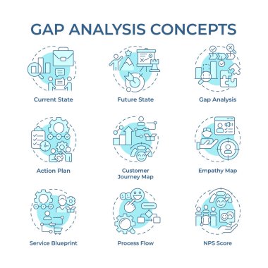 Boşluk analizi yumuşak mavi konsept simgeleri. Şimdiki ve istenen performans arasındaki fark. Organizasyon değişti. Simge paketi. Vektör görüntüleri. Sunum için yuvarlak şekilli çizimler. Soyut fikir