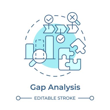 Gap analizi yumuşak mavi konsept simgesi. Mevcut ve gelecekteki durumları tutarsızlıkları vurgulamak için karşılaştırmak. Yuvarlak şekil çizimi. Soyut bir fikir. Grafik tasarımı. Günlük paylaşımında kullanması kolay