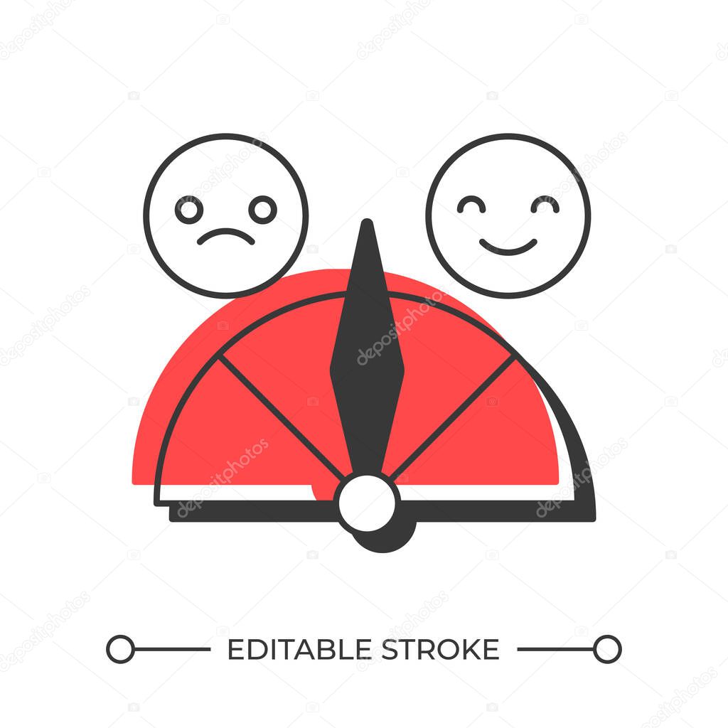 Satisfaction meter offset shadow line icon. Customer experience, commerce. Measurement indicator. Sad, happy. Bold outline symbol with solid red fill. Modern flat illustration. Editable stroke