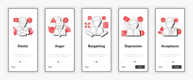 Mobil kederli aracın beş aşaması ekranda. Yönetimi değiştirir. Psikoterapi UX UI illüstrasyonu. Kırmızı aksanlı düz çizgili taslak simgeler. Informa Pro Bold, Montserrat Light yazı tipleri kullanıldı
