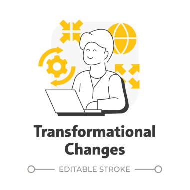 Dönüşümsel değişiklikler düz ana hatlı konsept simgesi. Şirkette derin, radikal değişimler. Organizasyon vardiyası. Sarı kabartmalı modern çizgi çizimi. Kavramsal görsel. Düzenlemesi kolay