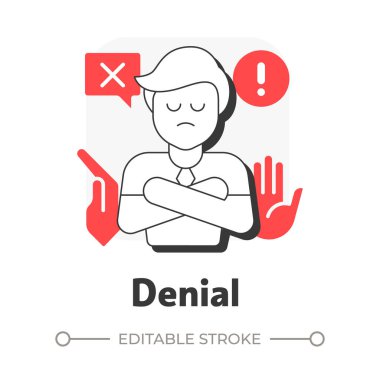 Düz hatlı konsept ikonunu reddet. Değişime ilk tepki. İnanmayı ve kabul etmeyi reddet. Yas tutmanın beş aşaması. Kırmızı kabartmalı modern çizgi çizimi. Kavramsal görsel. Düzenlemesi kolay