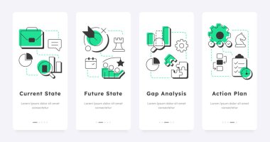 Ekranlarda açık analizli mobil uygulamanın aşamaları. İş verileri araştırması. Performans geliştirme. Düz UI UX tasarımı, taslak simgeli yeşil ışıklandırma kavramsal. Kullanılan Lexend yazı tipi