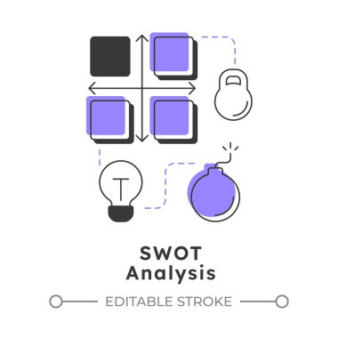 Modern doğrusal konsept ikonu SWOT analizi. Güçler, zayıflıklar, fırsatlar ve tehditler. Gap değerlendirme aracı. Noktalı çizgilerle birleştirilmiş düz ana hatlar. Yaratıcı görsel. Düzenlemesi kolay
