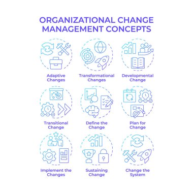 Örgütsel değişim yönetimi mavi gradyan konsept simgeleri. Kurumsal dönüşüm düzenlemesi. İş geliştirme stratejisi. Simge paketi. Vektör görüntüleri. Yuvarlak şekilli çizimler. Soyut fikir