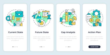 Mobil uygulama ekranında aralık analizi aşamaları. İş verileri. Doğrusal kavramlarla düzenlenebilir grafik yönergelerini dört adımda gözden geçir. UI, UX, GUI. Montserrat Yarı Kalın, Düzenli yazı tipleri